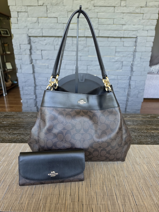 Coach Handbags - Coach Brown Signature Canvas Shoulder Bag with Black Trim and Matching Wallet